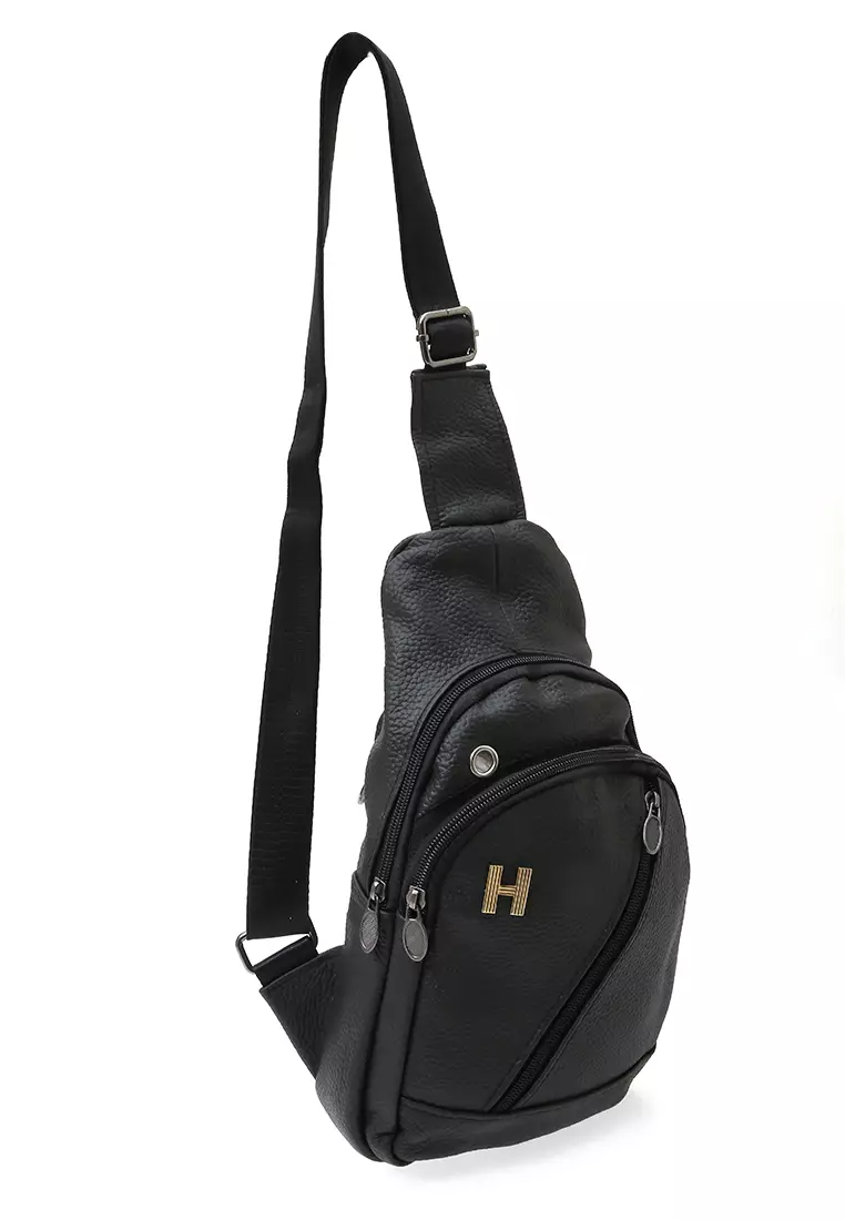 Edbert Slingbag Pria Motif Polos Tas Selempang Material Leather ORIGINAL - Black