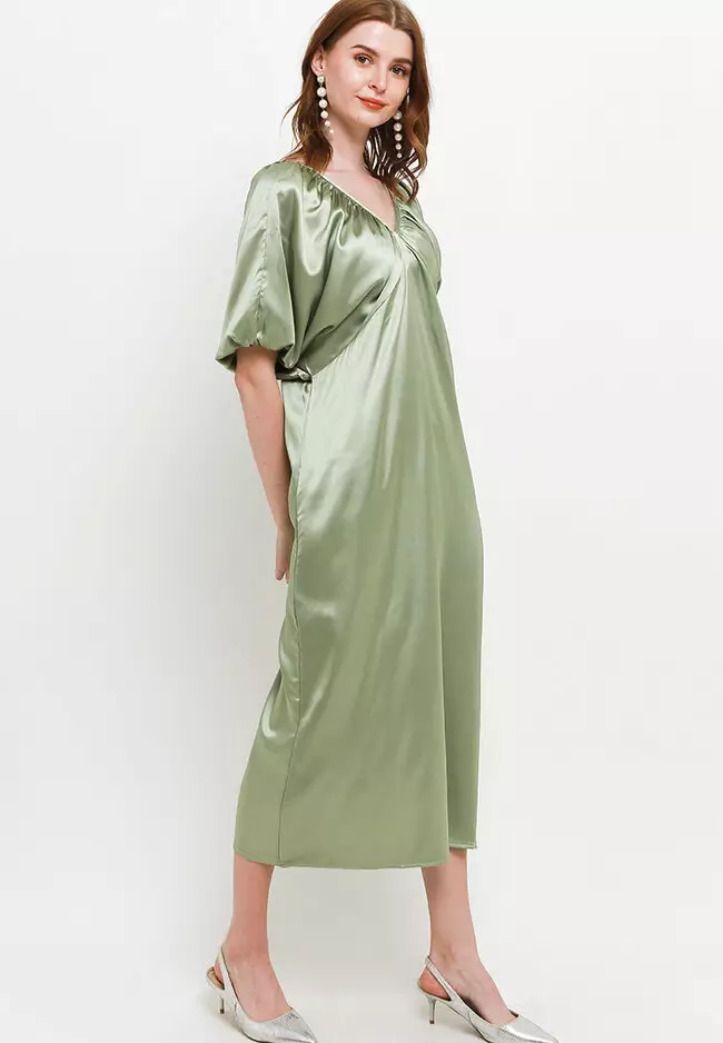 Deep V Neck Cross Back Silky Puff Sleeve Dress