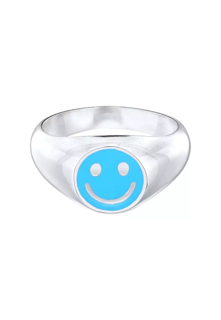 EXCLUSIVE Cincin Perhiasan Perak 925 Pria Signet Smiling Face Trend Enamel Blue