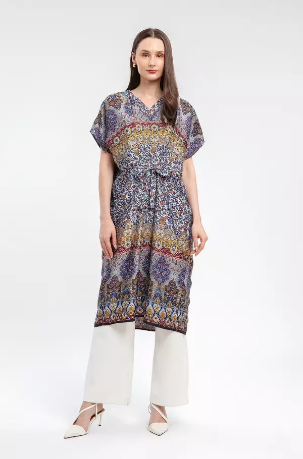 MINIMAL - Humaira - Kaftan V Neck Motif Etnik - Navy Warna Navy