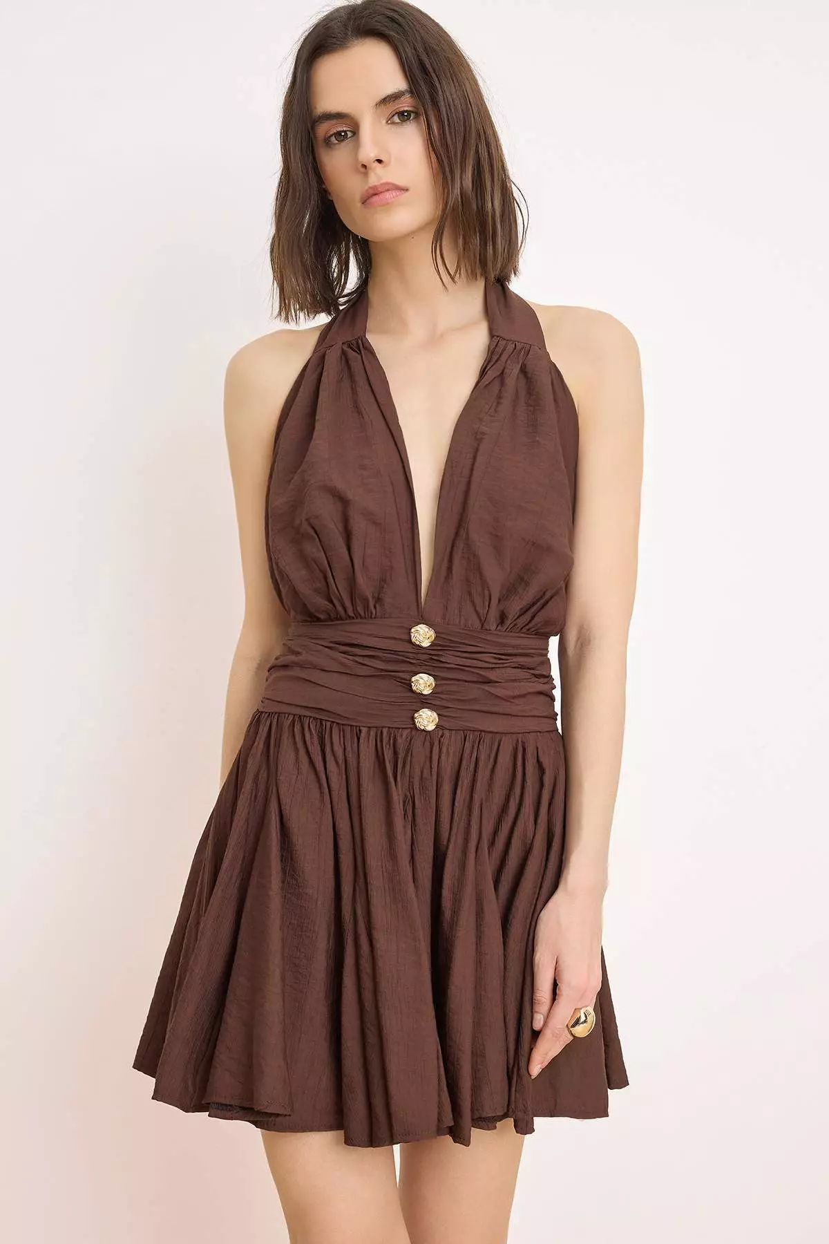 Dark Brown Straight Tie Detail Short / Mini Woven Dress Tprss25El319