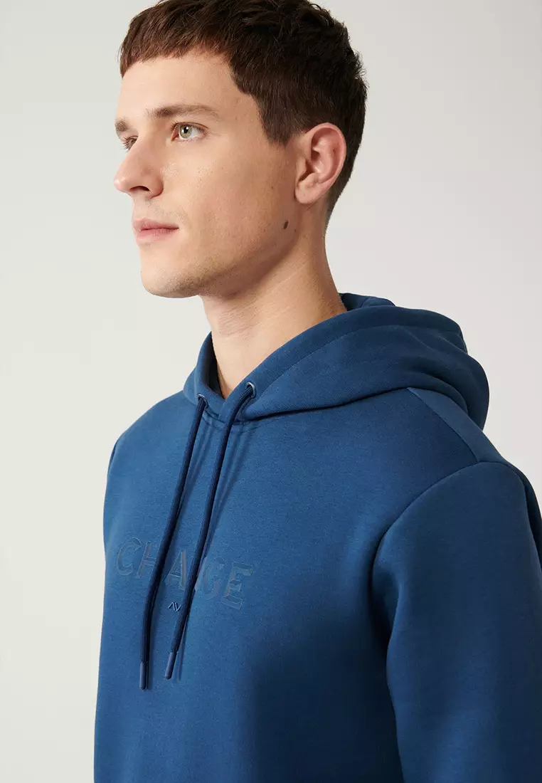 Men's Indigo Hooded 3 Thread Raised Printed Sweatshirt A32Y1240