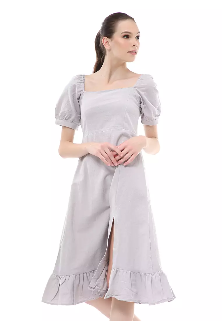 Rachel Midi Dress Rample Wanita Vintage Bottom Lengan Pendek Material Linen ORIGINAL - Gray