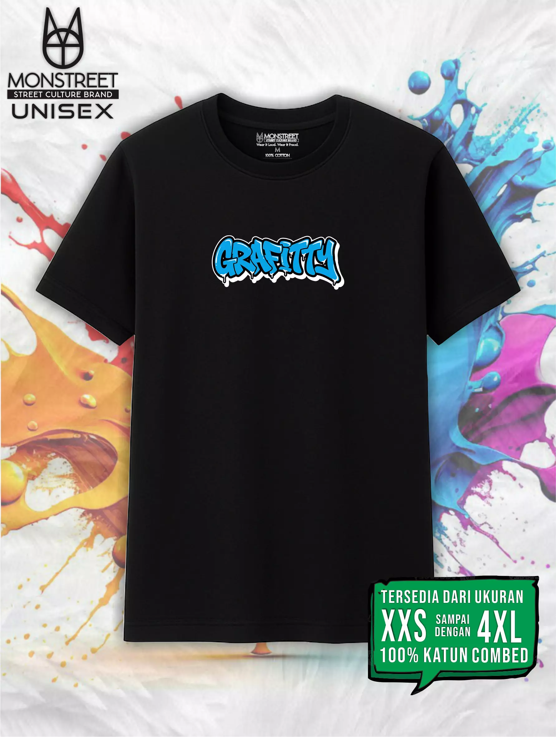 Monstreet Kaos Katun Combed 24S Grafis Reguler Fit Hitam Tshirt UTR172 Cotton Combed 24S Graphic Tshirt Regular Fit Black Tshirt