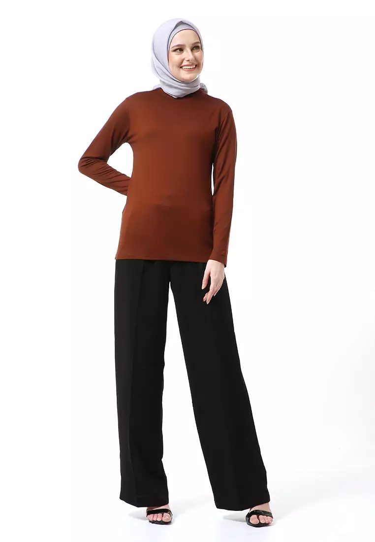 Zlora Manset Atasan Wanita Motif Polos Long Sleeve Reguler Fit - Choco