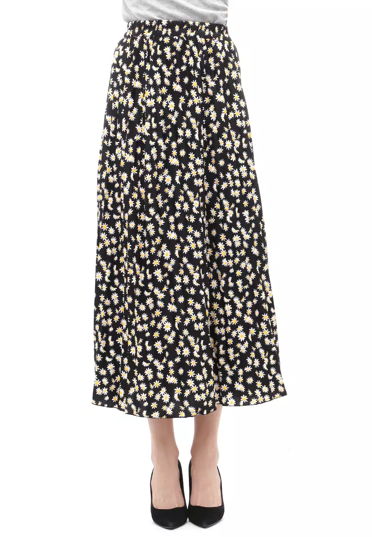 Rok Plisket Motif Print Design Vintage Rubbery Waist Bawahan Wanita - Daisy Kecil Hitam