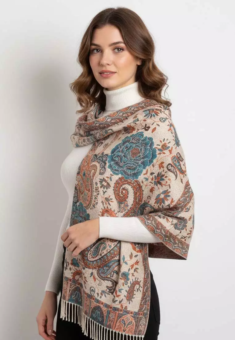 Syal Wanita Reversible Paisley Pattern Cashmere Pashmina Shawl Teal Marigold