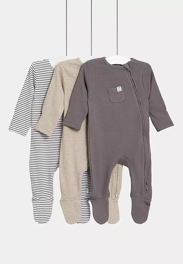 3pk Cotton Rich Striped & Plain Sleepsuits