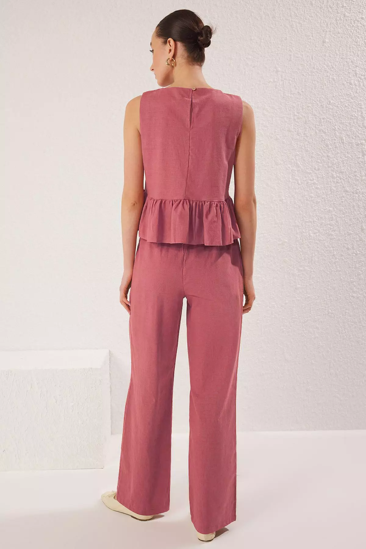 Pink Linen Look Crew Neck Blouse and Trousers Woven Double Bottom-Top Set TWOSS25AU00081