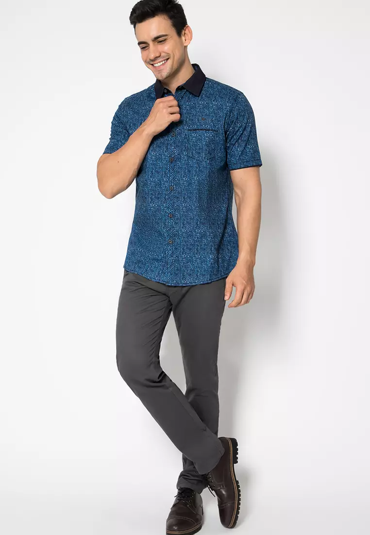 LGS - Slim Fit - Kemeja Casual - Kemeja Lengan Pendek - Motif Corak - Warna Biru - JSH.392.S917F.719.C