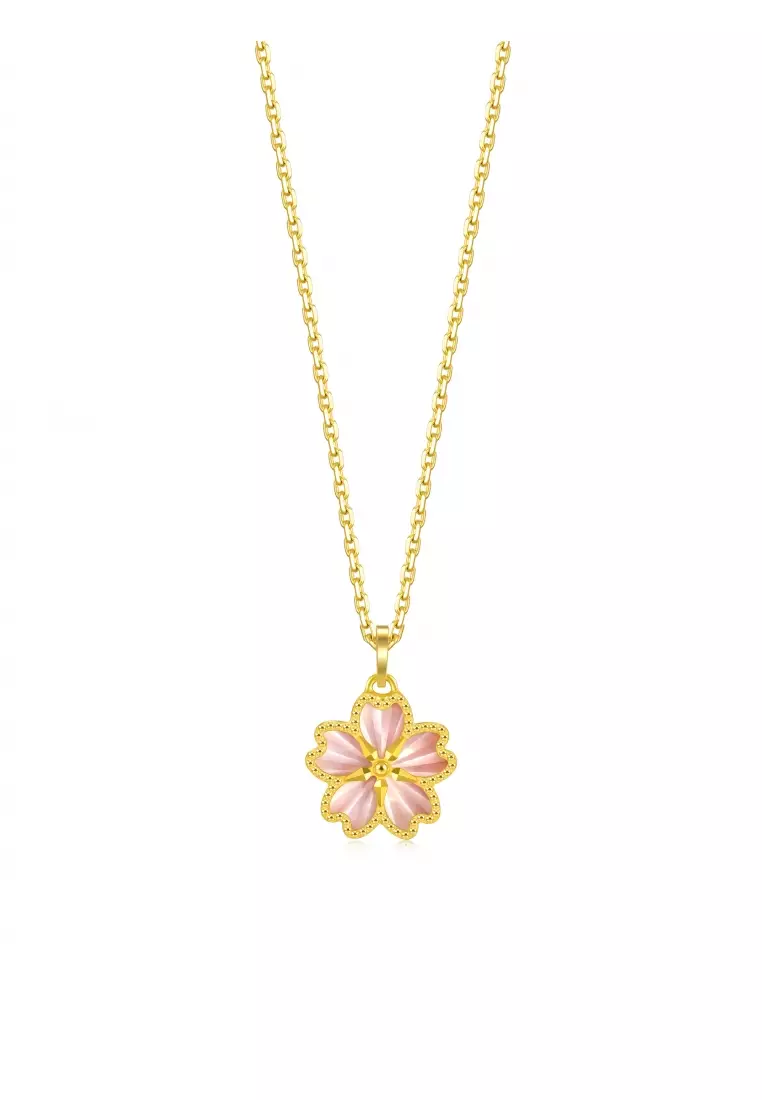 999.9 24K Solid Gold Dazzling Mother of Pearl Cherry Blossom Pendant for Women 93169P  [Not Include the Necklace]