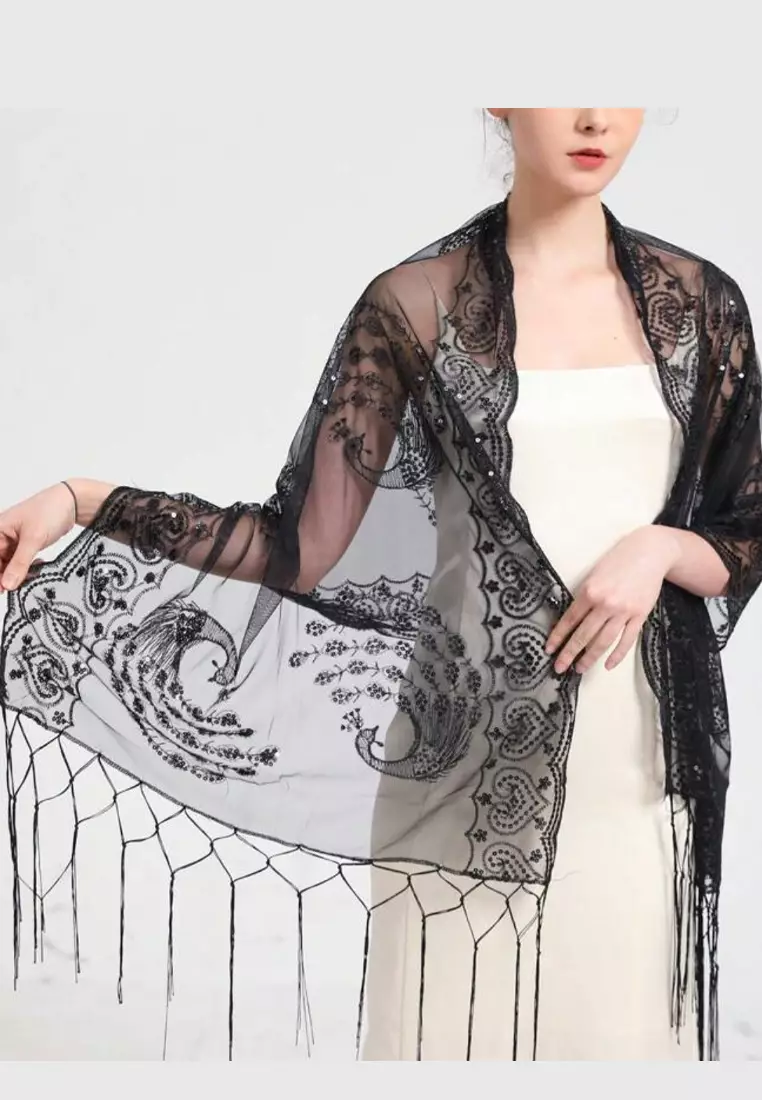 Aksesoris Wanita Peacock Sequin Lace  Fringed Evening Shawl Syal Pesta Wanita Black
