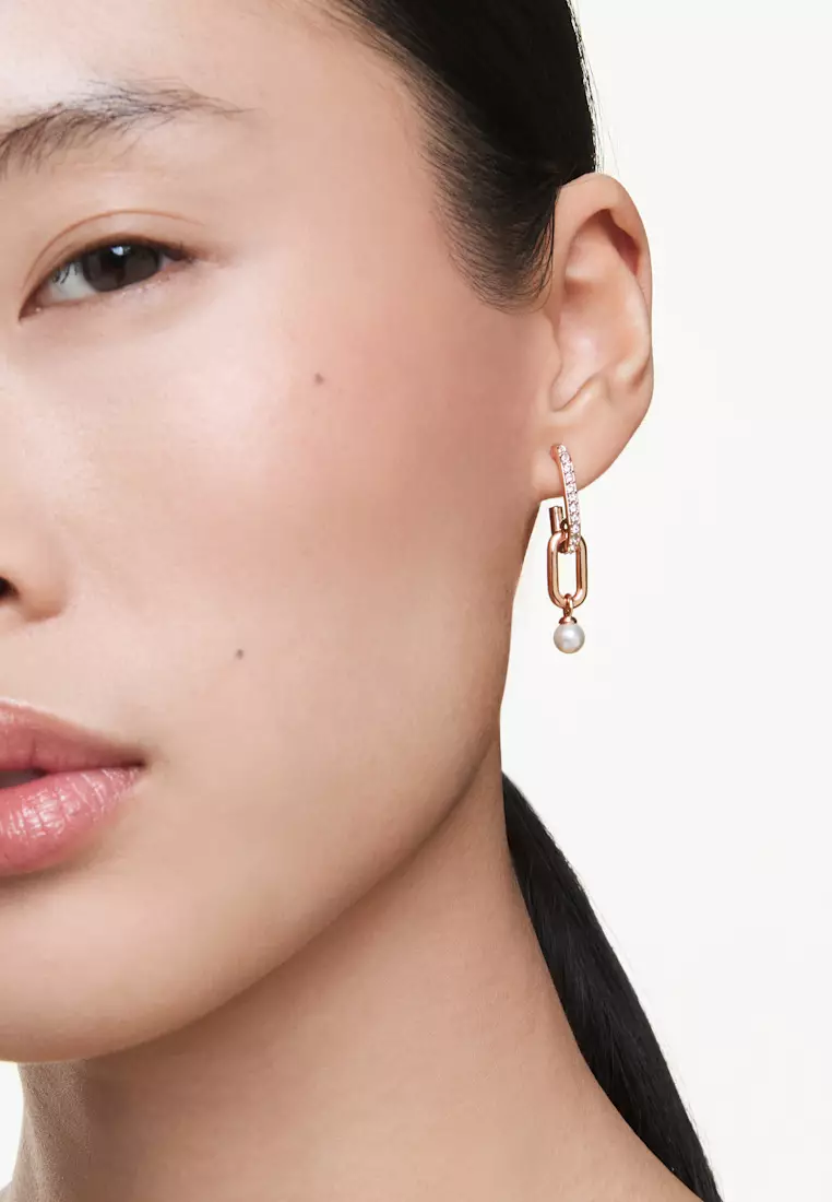 Constella drop earrings, Crystal pearl, Round cut, White, Rose gold-tone plated