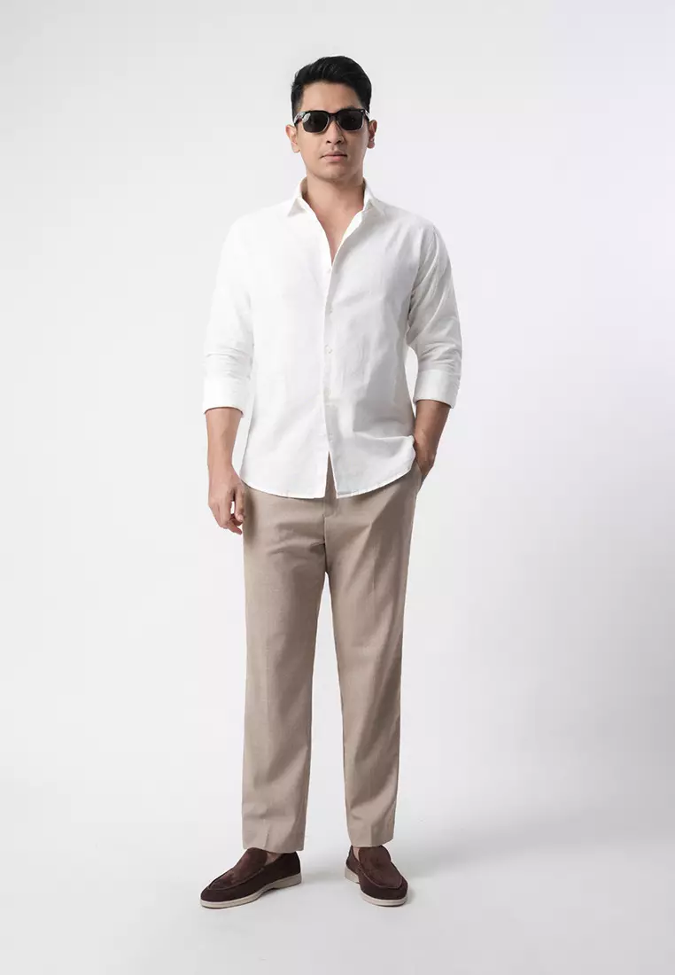 Linen Blend Slim Fit Shirt - White LS