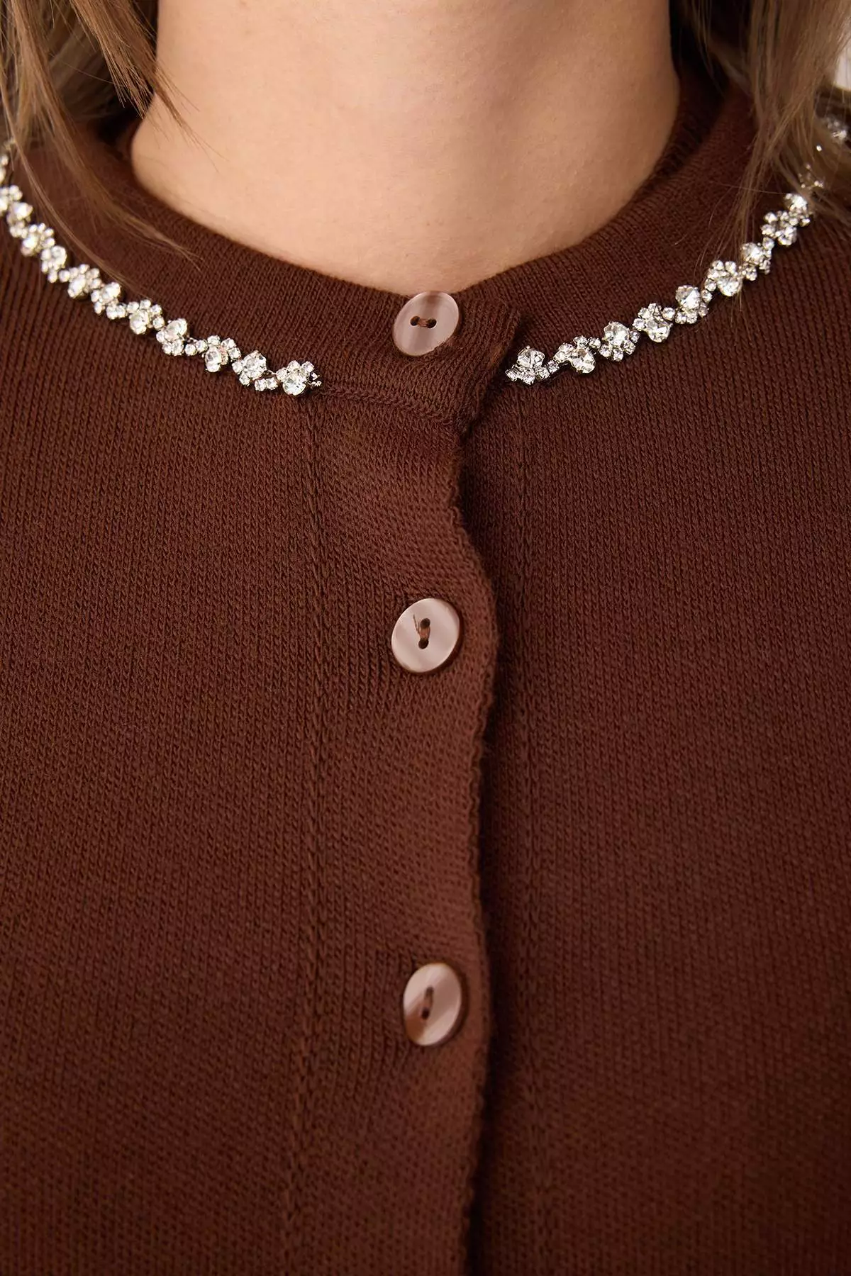 Brown Stone Detailed Soft Textured Double Knitwear Cardigan Blouse