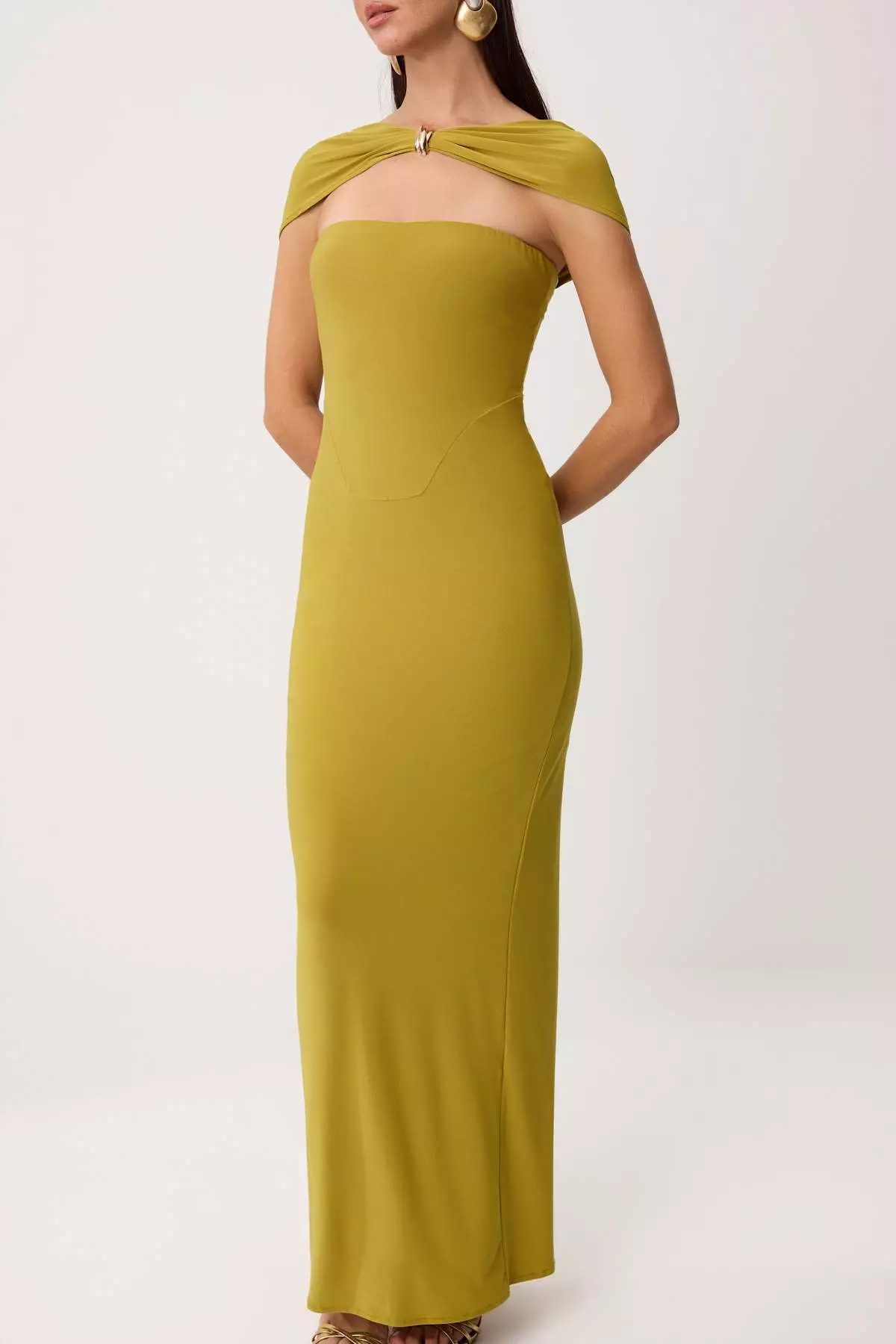 Oil Green Plain Woven Sandy Maxi Evening Dress & Graduation Dress
