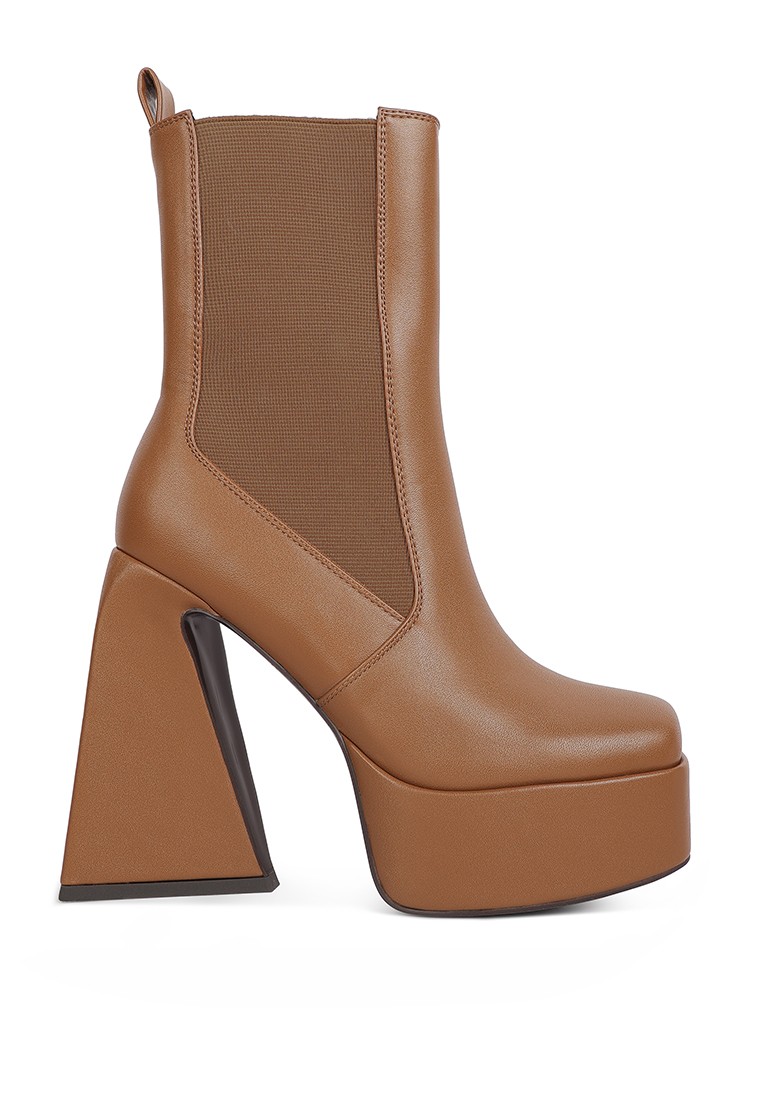 Tan High Platform Block Heeled Chelsea Boot