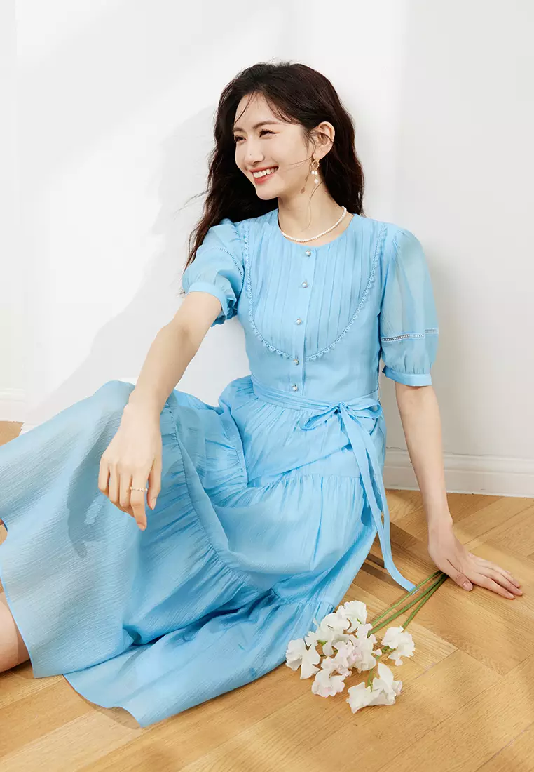 Pleated Button-Front Puff Sleeve Dress