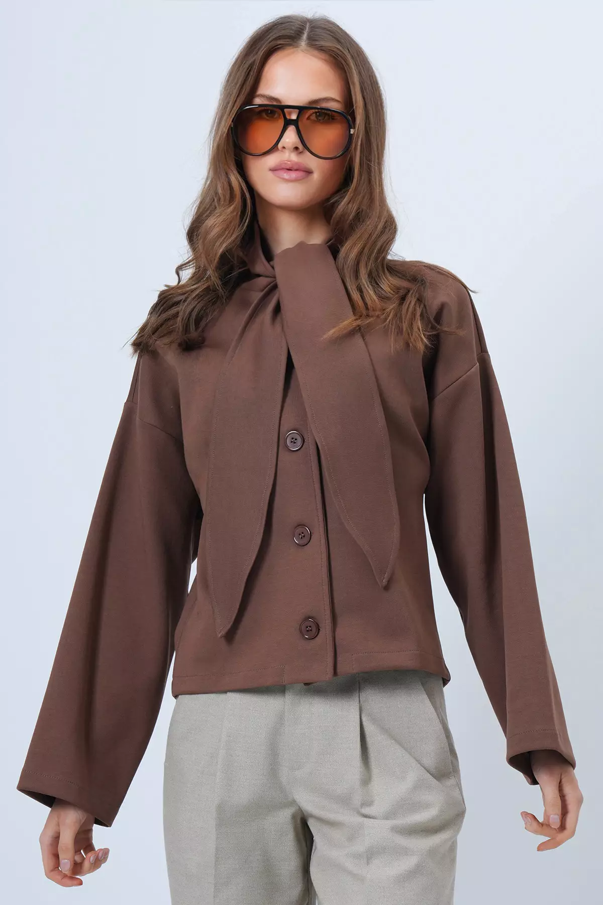 Brown Scarf Detailed Buttoned Jacket Alc-X14669