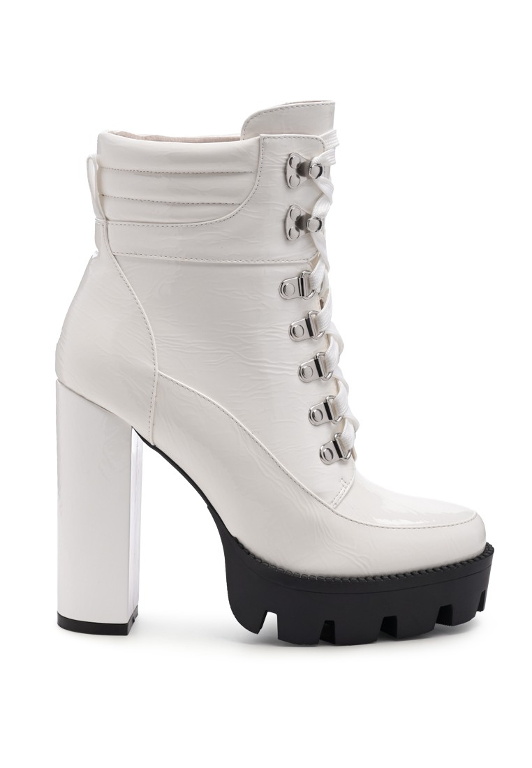 High Block Heeled Cushion Collared Lace-Up Boot in White