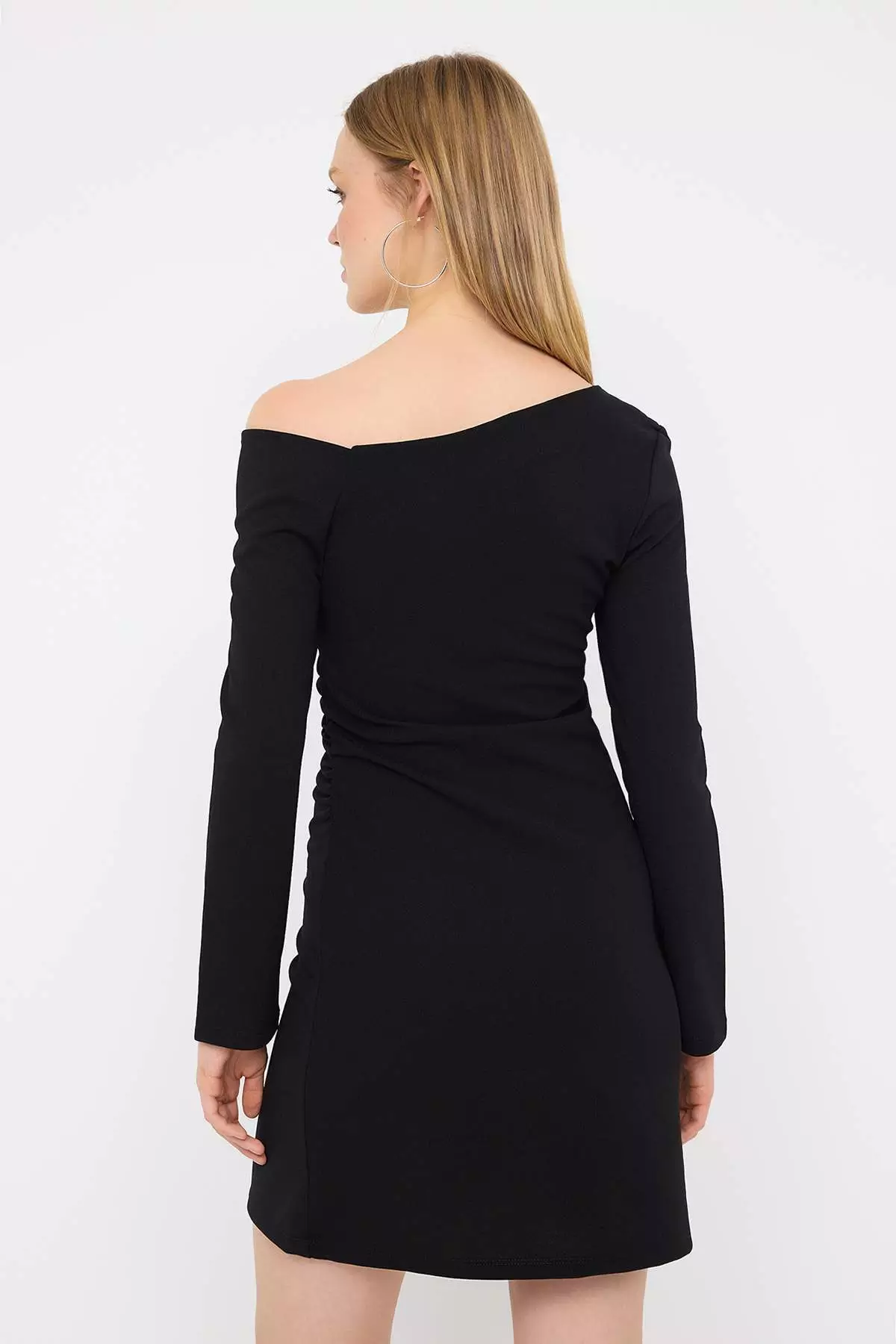 Black More Sustainable Short/Mini Ribbed Stretch Knit Dress With Gathering/Drape Detail