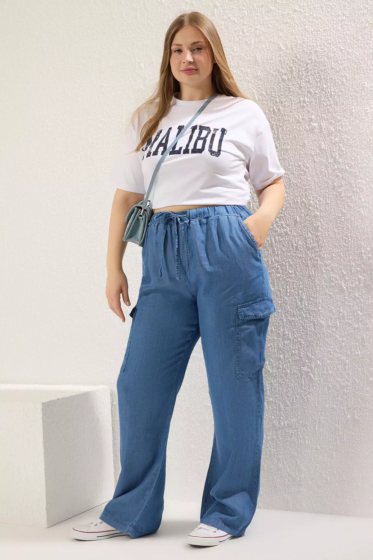 Jual Trendyol Blue High Waist Elastic Waist Wide Leg Slim/Summer