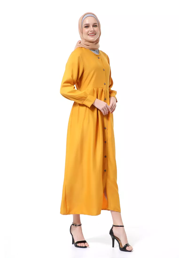 Kiyah Dress Button Muslimah Atasan Wanita Long Sleeve Premium Quality - Mustard