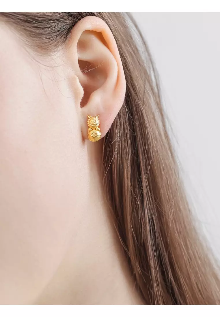 999.9 24K Solid Gold Single Dragon Stud Earrings for Women 94374E