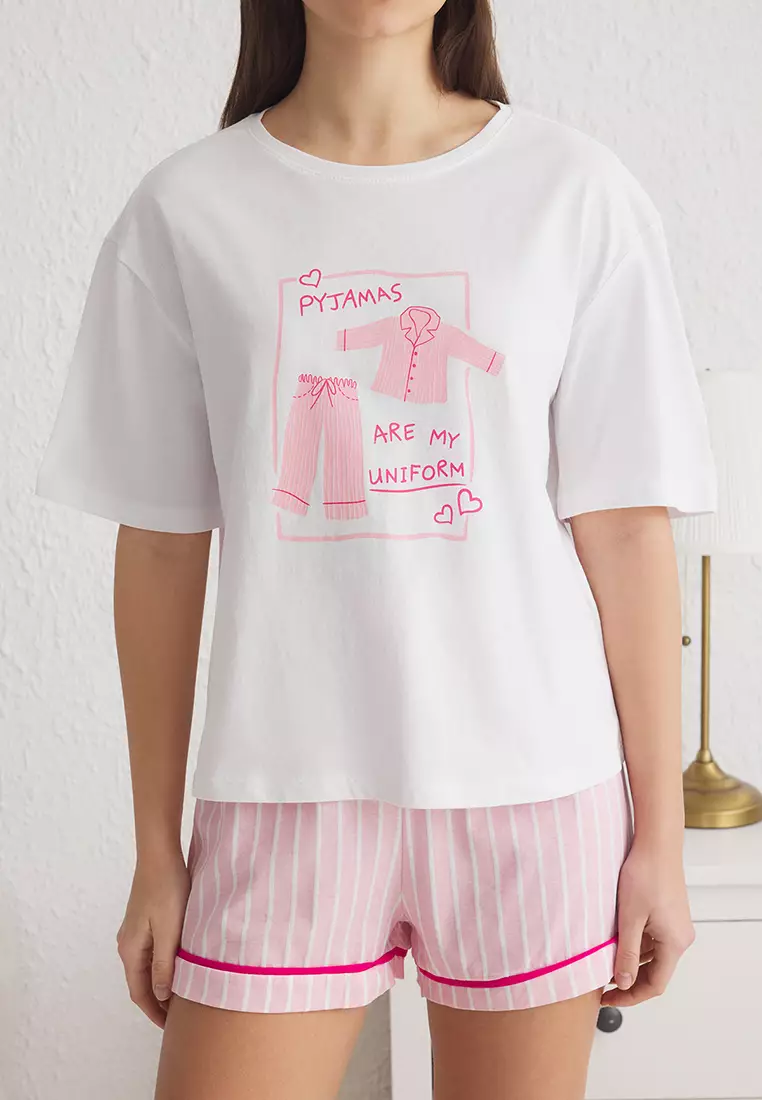 White-Pink Striped Printed Shorts Knitted Pajama Set