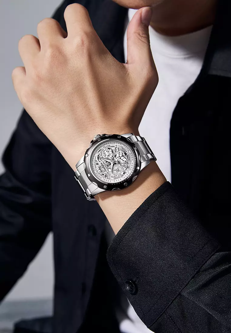 Jam Tangan Pria Kuarsa Luminous Tanggal Kasual Tali Stainless Steel Jam Tangan Cowok 8080 silverwhite