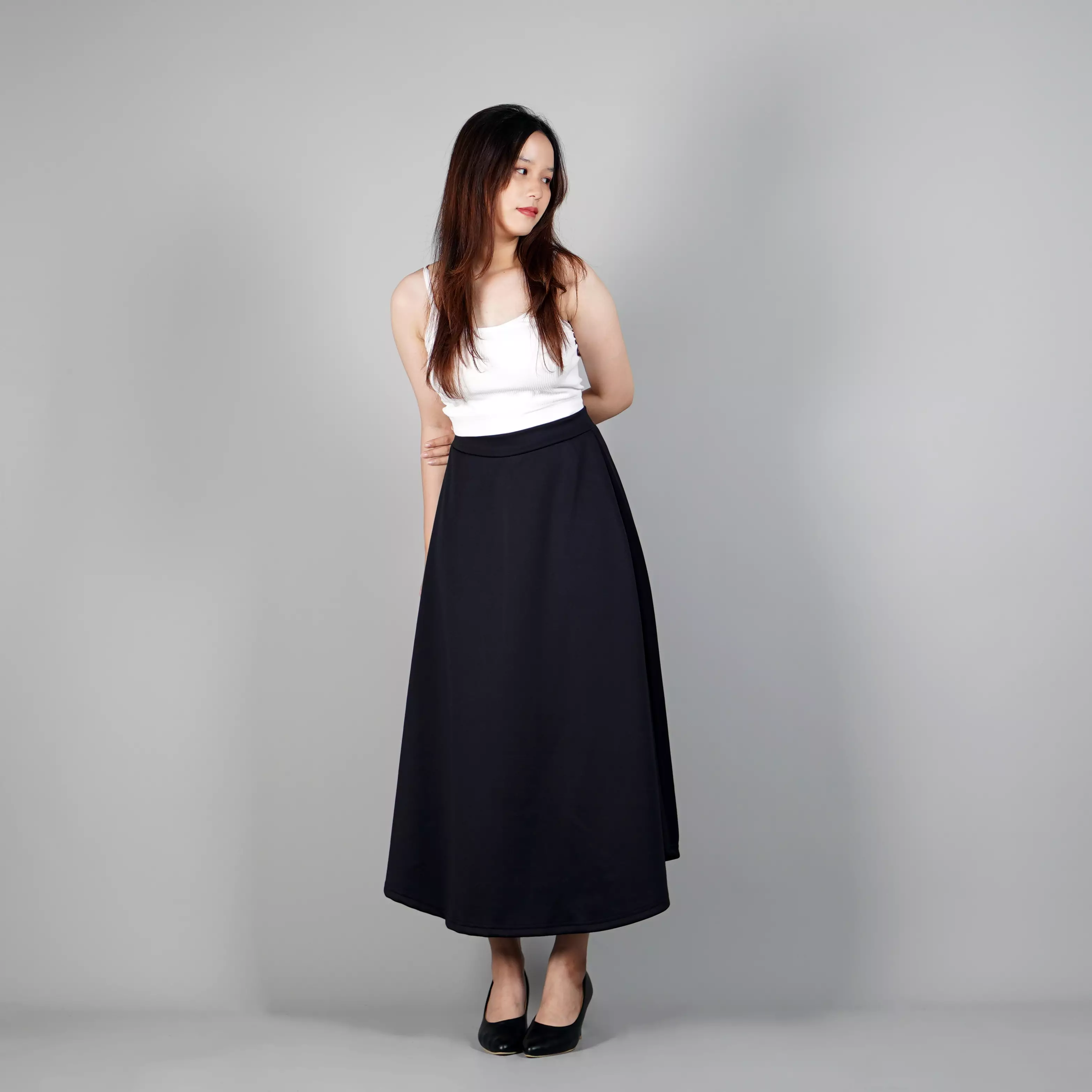RACHEL Maxi Skirt Rok Maxi Rok Panjang Gaya Korea Flowy Skirt Korean Style - HITAM