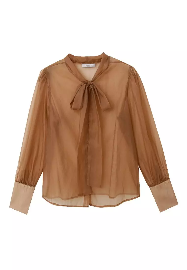 Sexy Sheer Mesh Open-Front Shirt with Front Tie Bow [AB17971]