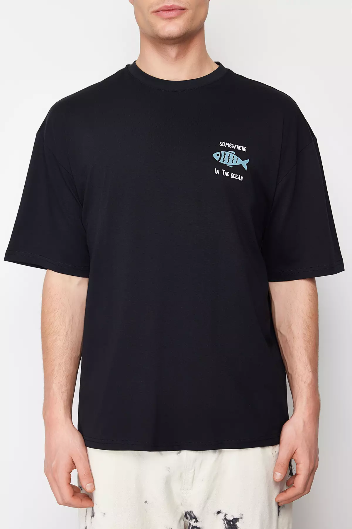 Black Oversized /Wide Cut 100% Cotton Velvet Texture Printed T-Shirt Tmnss22Ts0318