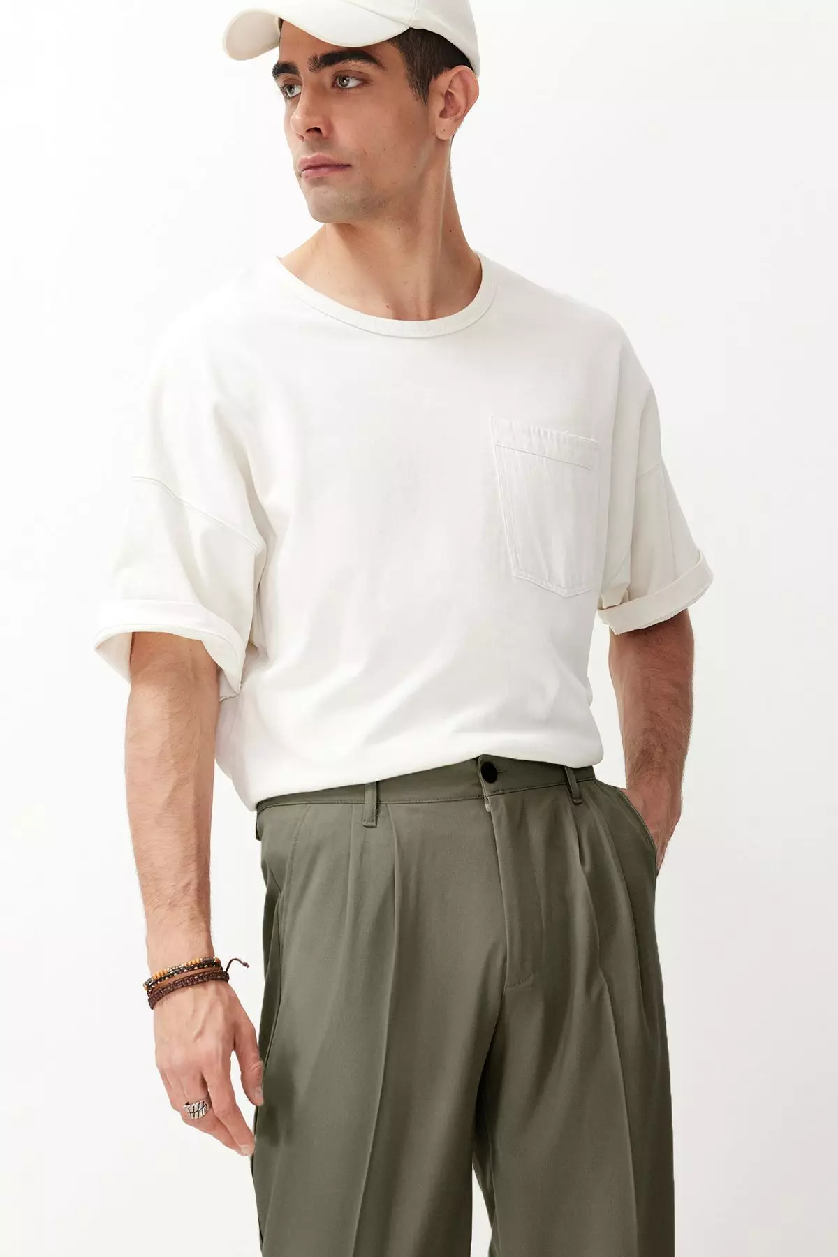Khaki Pleated Classic Baggy Fit Fabric Trousers TMNSS24PL00024