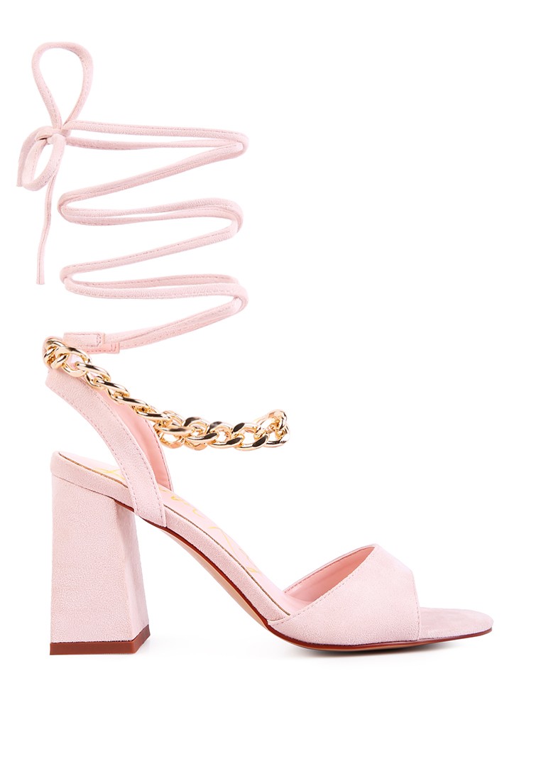 Peach Chain Detail Tie Up Block Heels