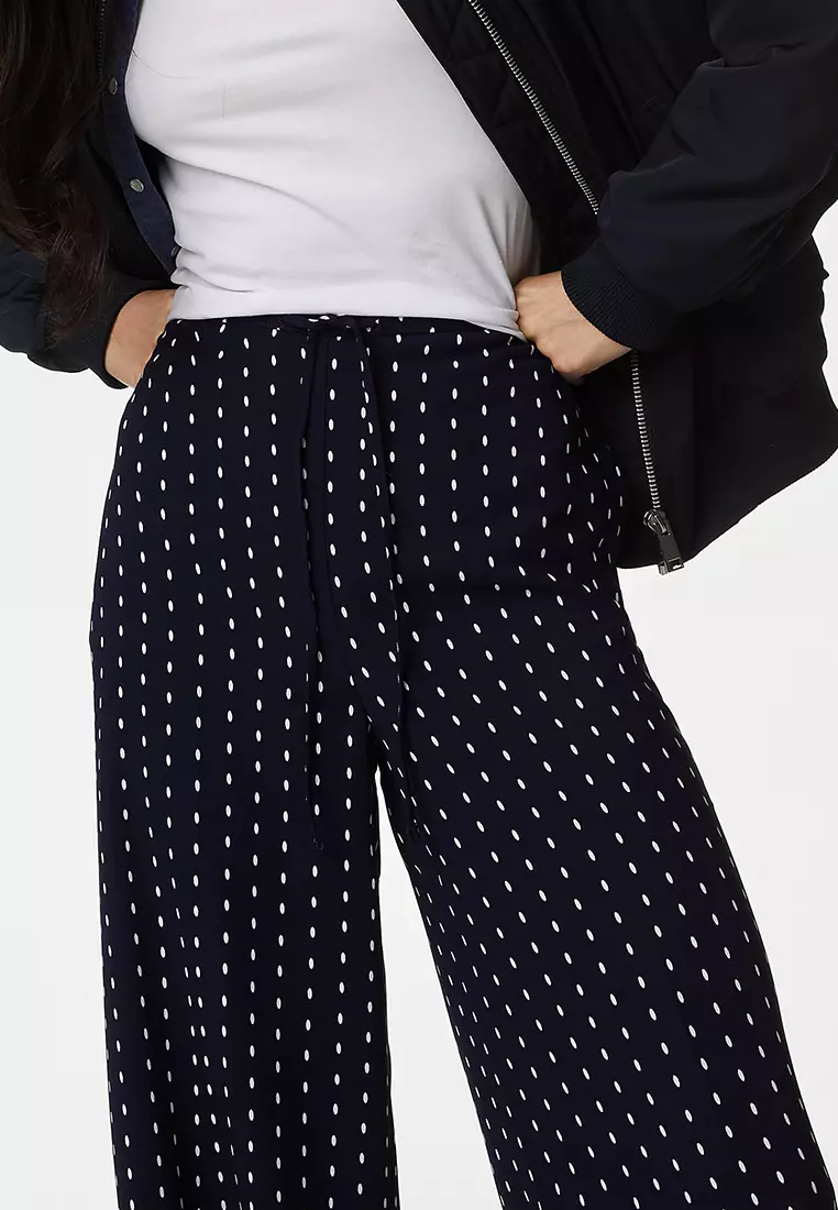 Polka Dot Drawstring Wide Leg Trousers