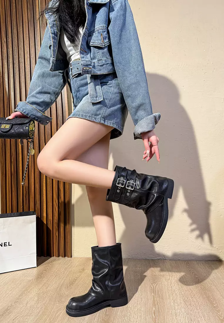 Double Buckle Synthetic Leather Foldover Boots TE1326-5