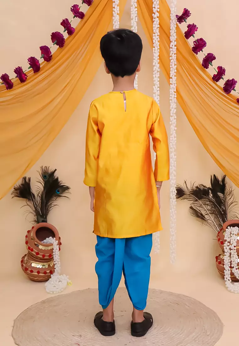 The Mom Store Vrindavan Vibe 刺绣男童 Dhoti 库尔塔套装 - 黄色