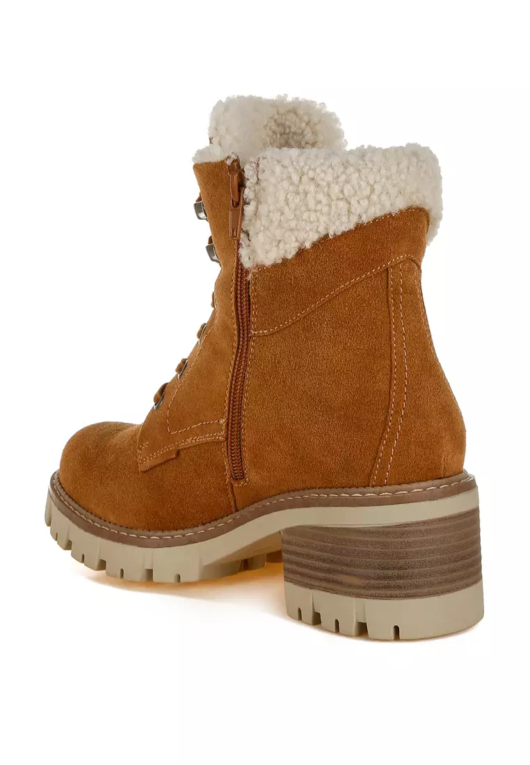 Fur Collar Chunky Ankle Boots in Tan