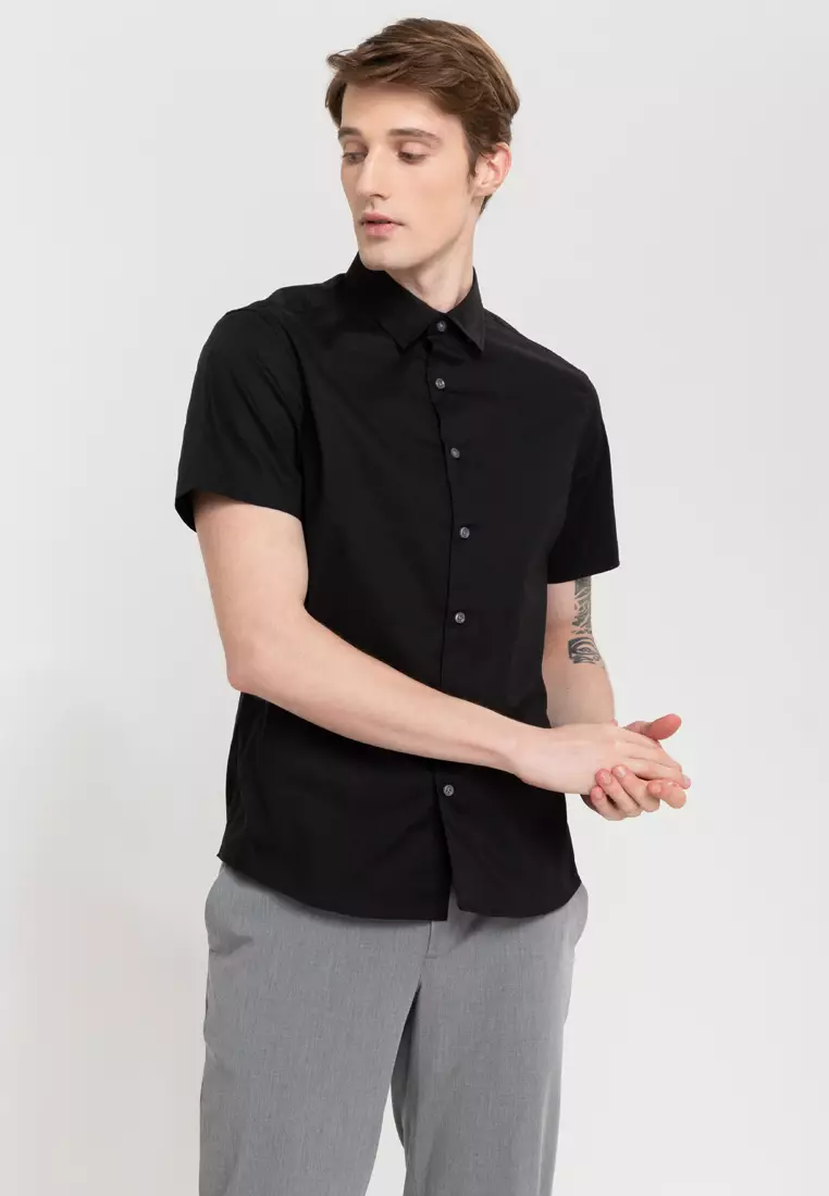 Woven Short Sleeves Casual Poplin Stretch