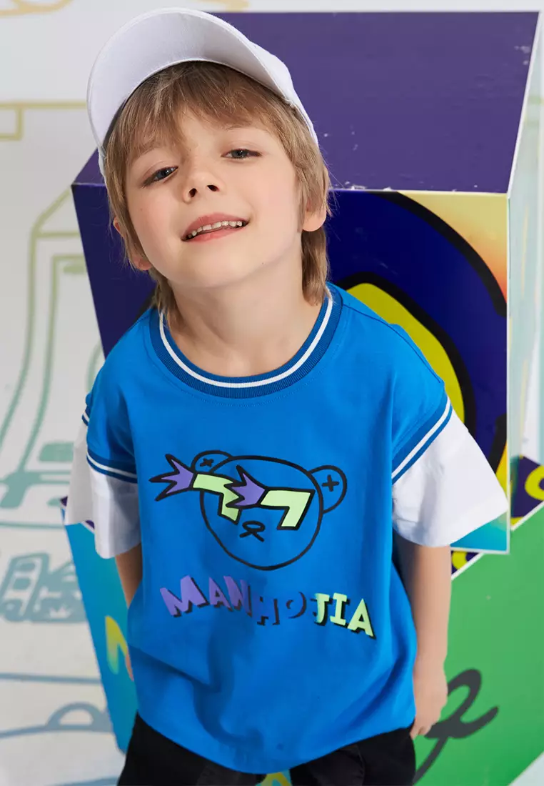 男童短袖夏季新款假两件撞色拼接运动风T恤