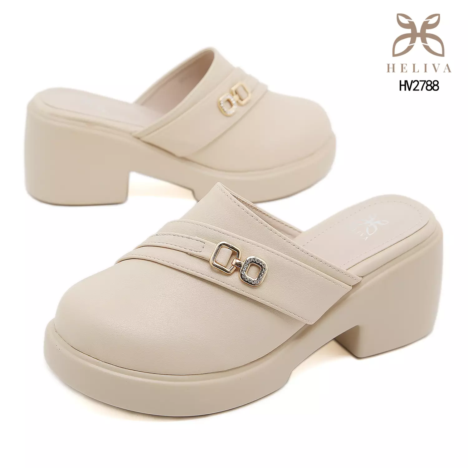 Heliva Verona Bold Heel Platform Mules with Metallic Chain Touch 7cm Elegance HV2788