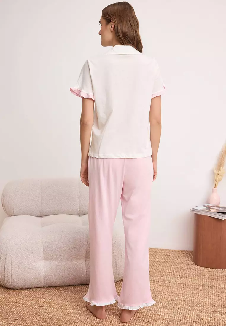 Ecru-Pink 1% Cotton Ruffle Detailed Knitted Pajama Set Thmss24Pt223