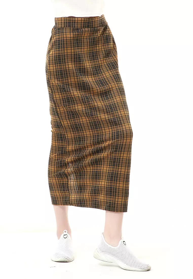 Malina Rok Span Tartan Bawahan Wanita All Size Motif Kotak High Quality - Caramel
