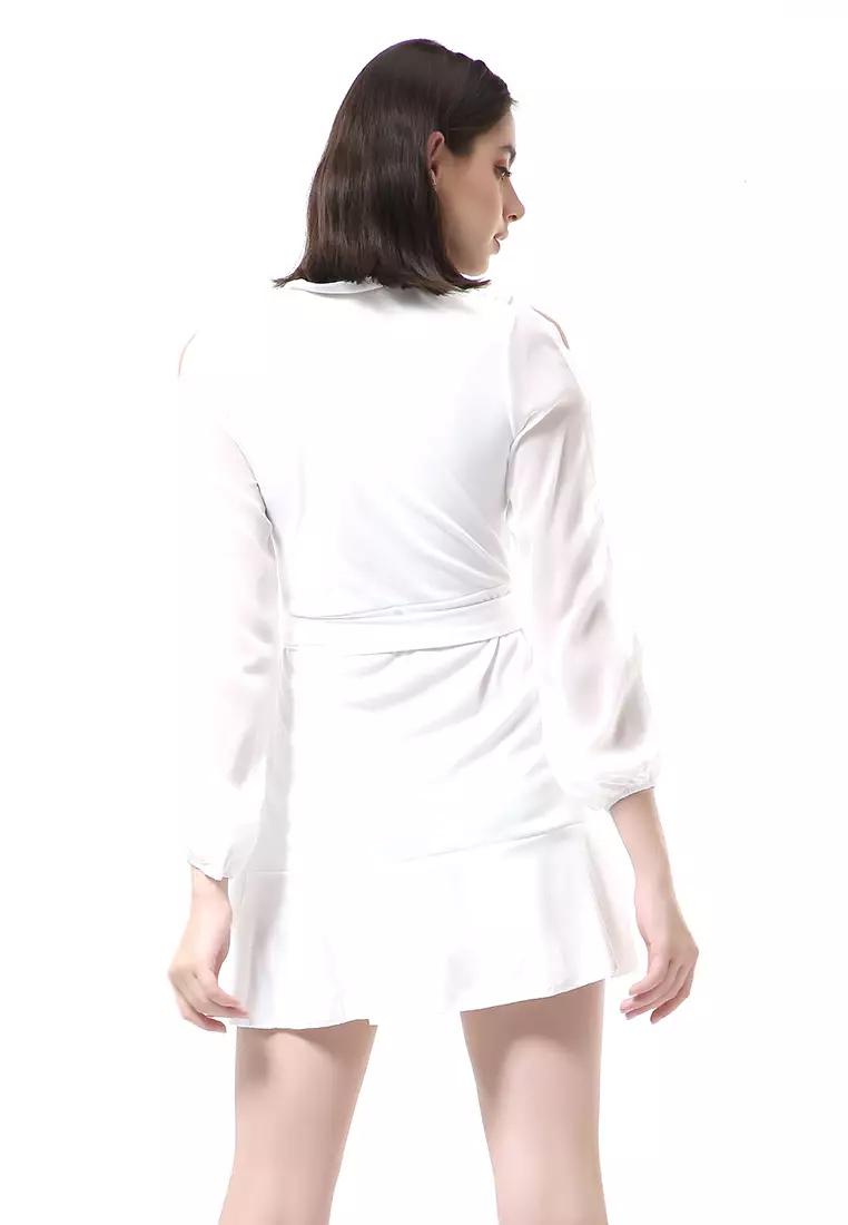 Rachel Sexy Dress Wanita Lengan Panjang Terbelah Model Tali Pinggang Stylish Material Polyester ORIGINAL - White