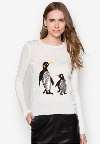 亮片企鵝針織長袖上衣, 服飾, 毛衣& 針織zalora鞋外套