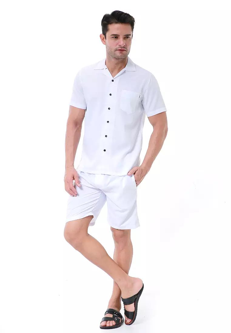 Deon Piyama Pria Plain Motive Kemeja One Set Lengan Pendek Material Cotton ORIGINAL - White