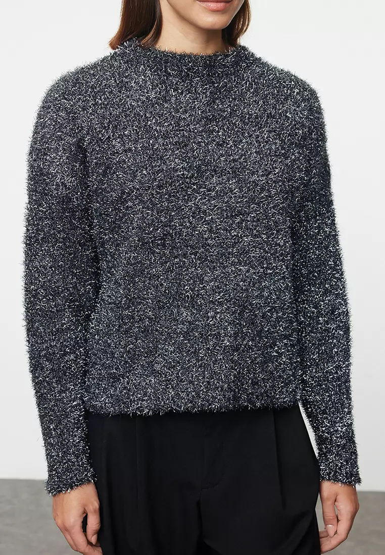 New Year's Themed Anthracite Glitter Knitwear Sweater