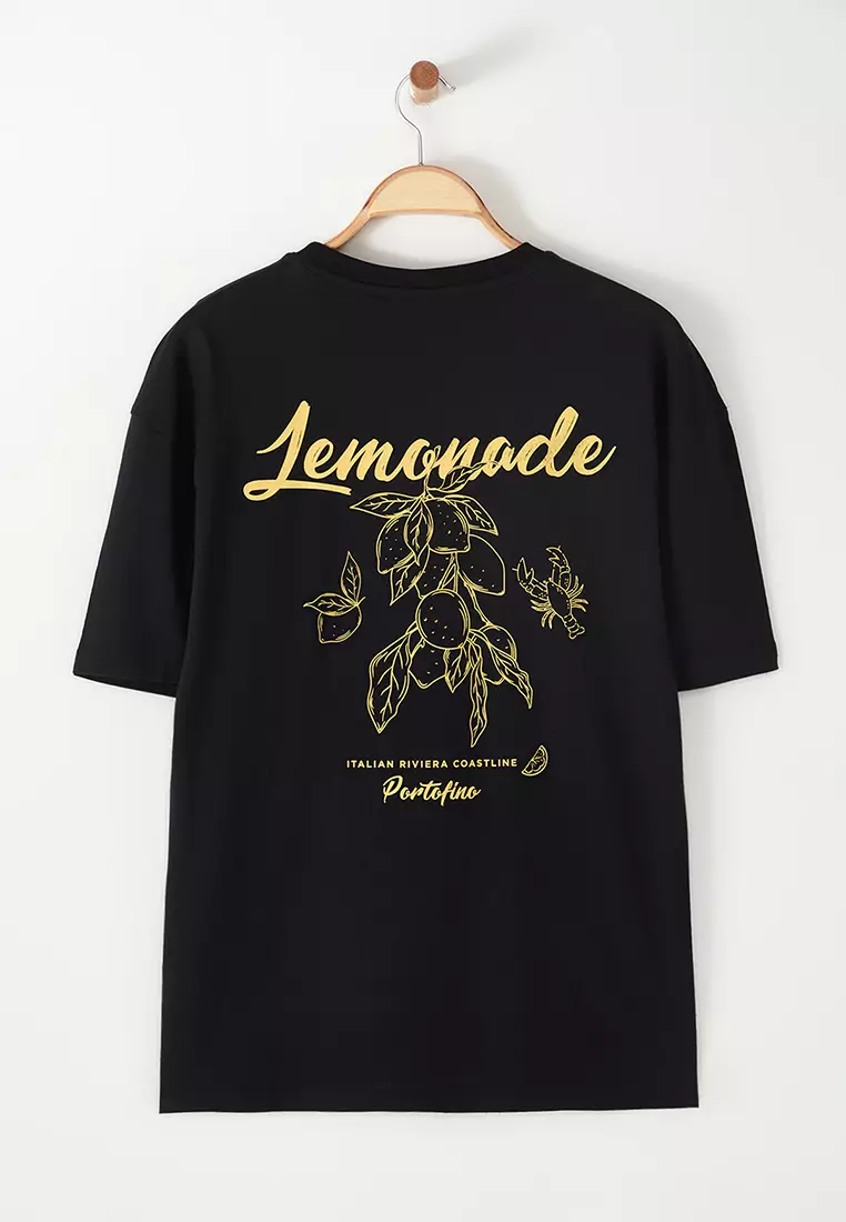 Black Oversized/Wide Cut Back Lemon Printed T-Shirt