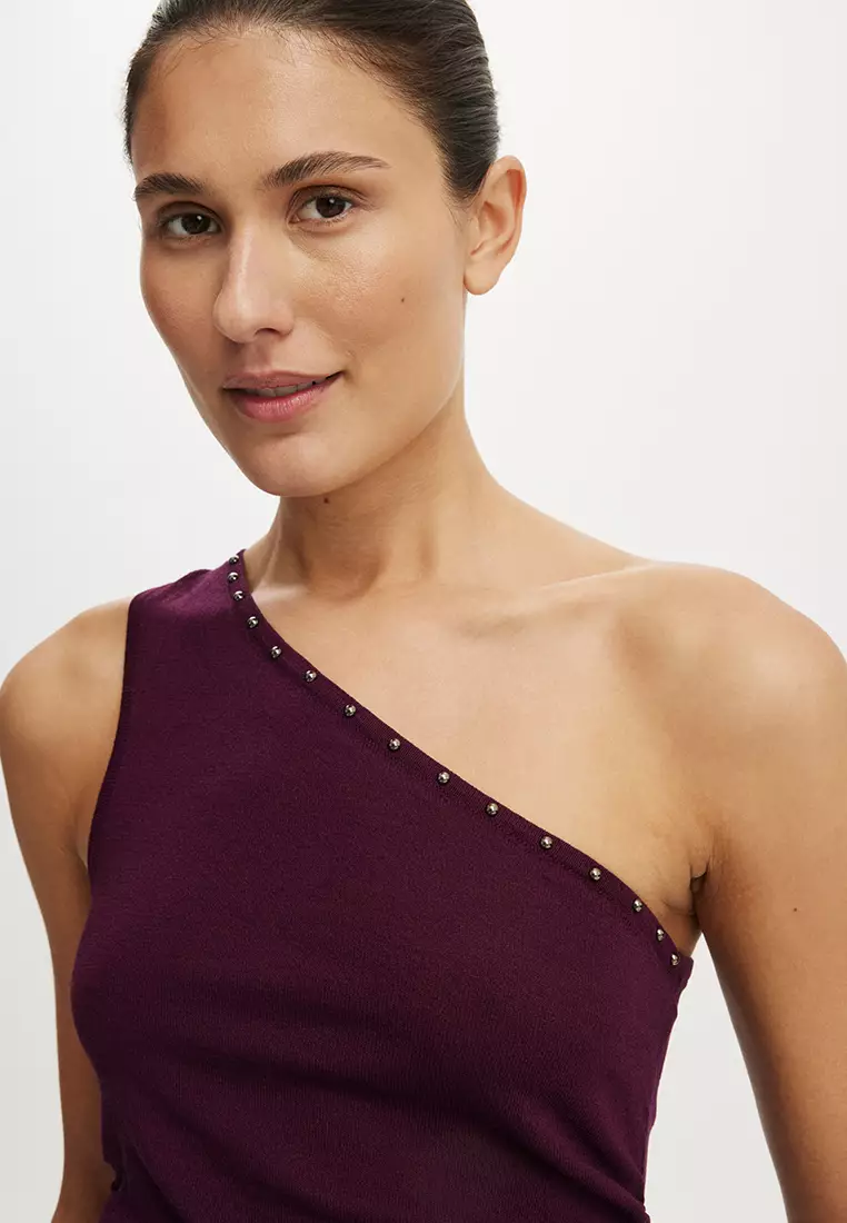 Stud Trim Asymmetrical Knit Top